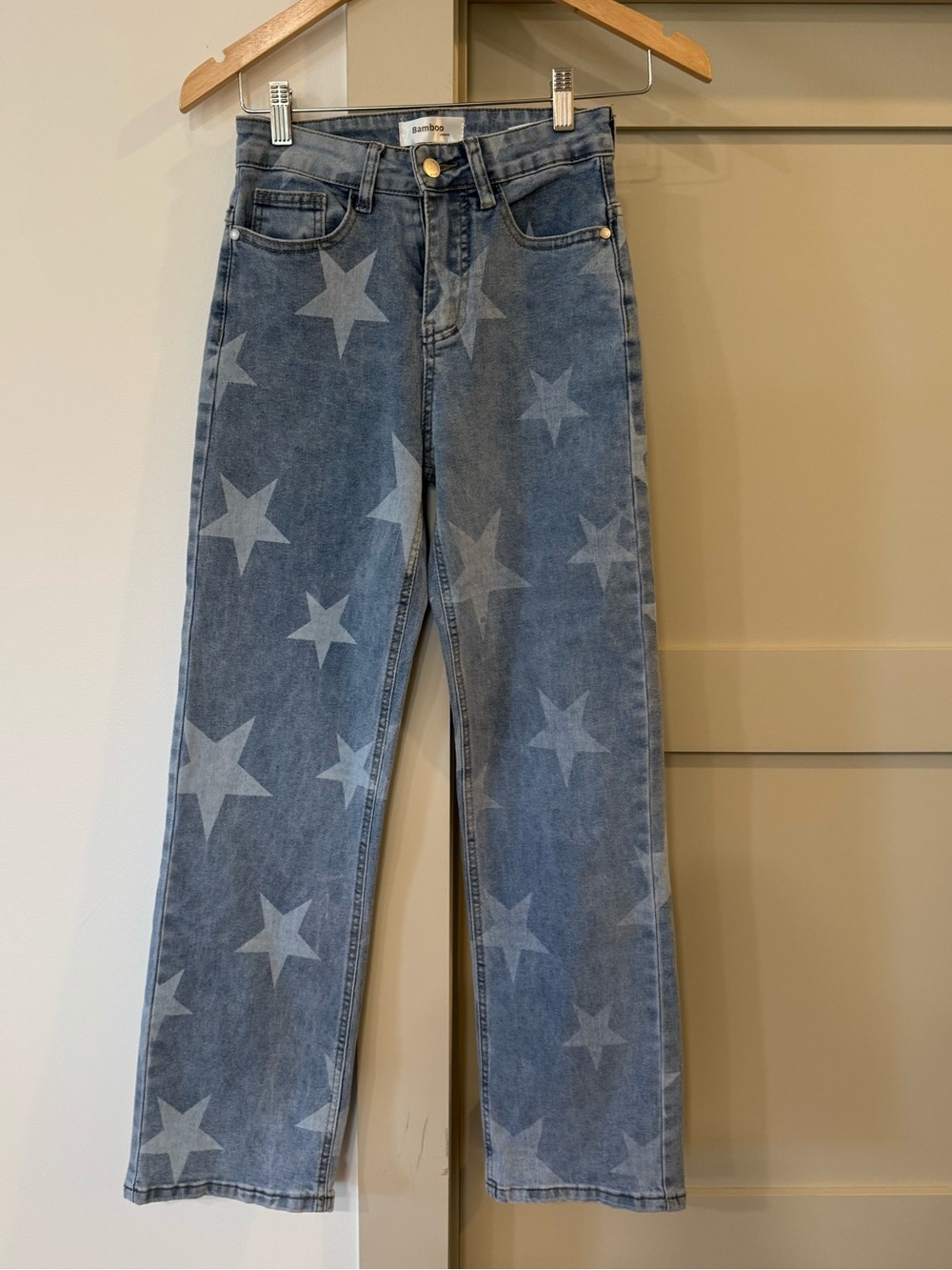 BAMBOO Star-Print High-Rise Straight Leg Jeans - Blue